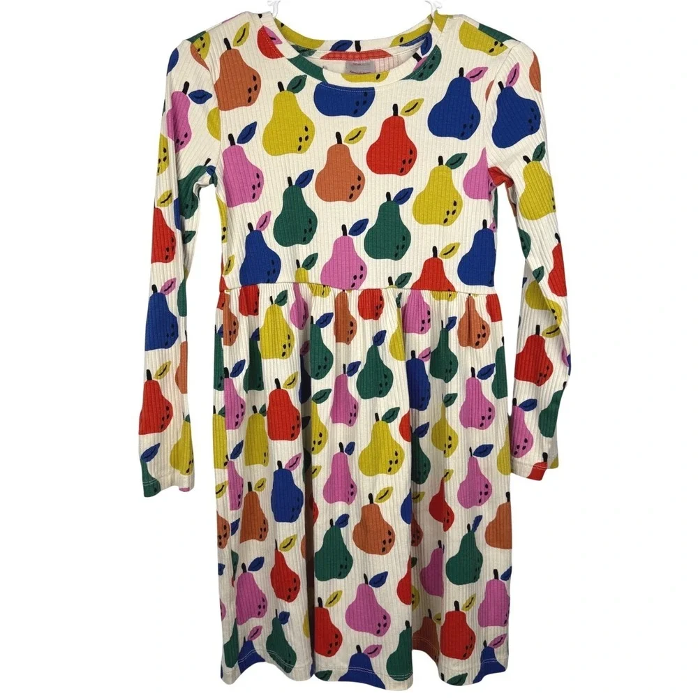 Hanna‎ Andersson Girls Ribbed Colorful Pears Print Long Sleeve Dress Size 12 - Picture 3 of 7